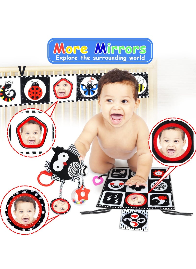 Black and White High Contrast Baby Toys 0-6 Months with Mirror, Crinkle and Rattles, Soft Baby Toys for Brain Development Montessori Sensory Tummy Time Toys Newborn Infant Toys for 0 3 6 9 Months Old
