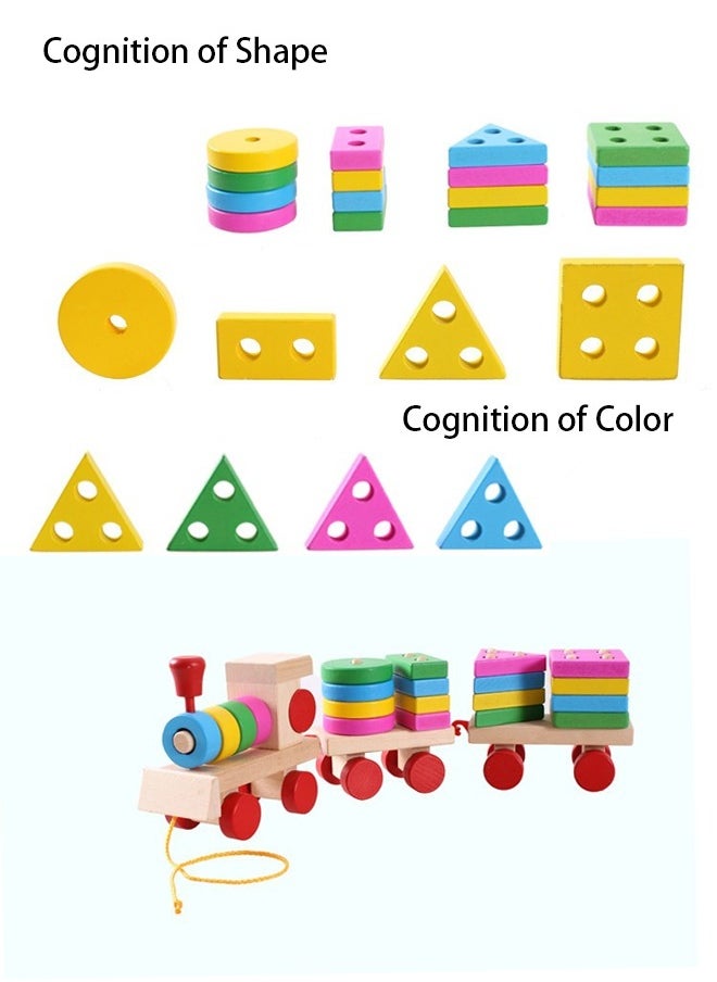 Wooden Geometric Blocks Pull Along Stacking Train Building Set,Wooden Train Set with Colourful Blocks and Rings, Pull Along Toy
