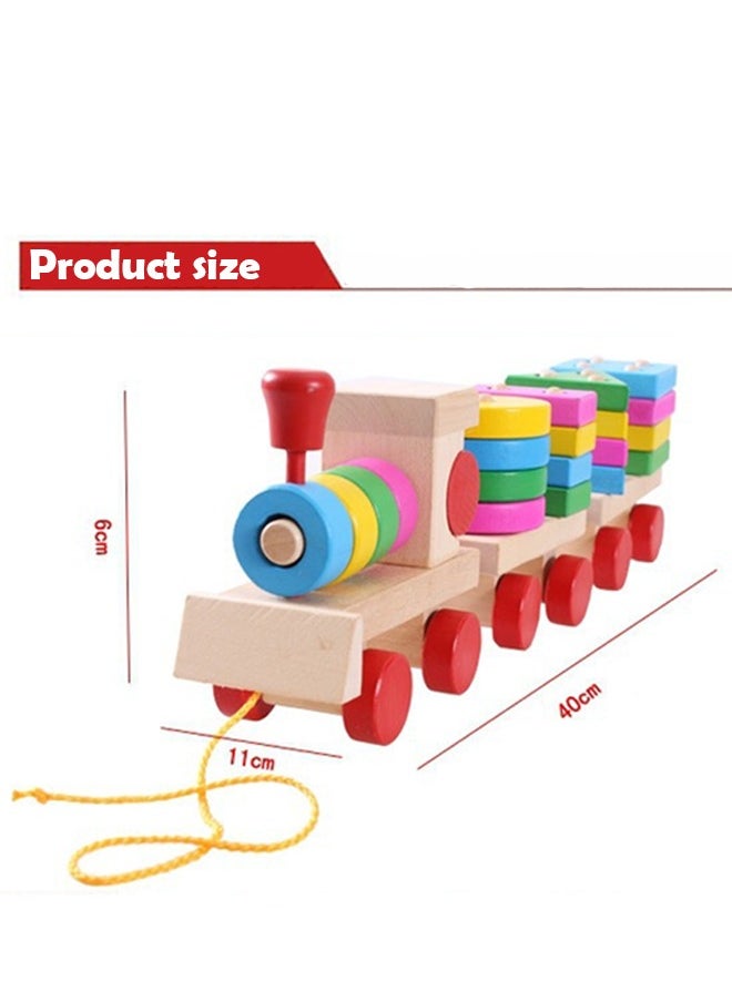 Wooden Geometric Blocks Pull Along Stacking Train Building Set,Wooden Train Set with Colourful Blocks and Rings, Pull Along Toy