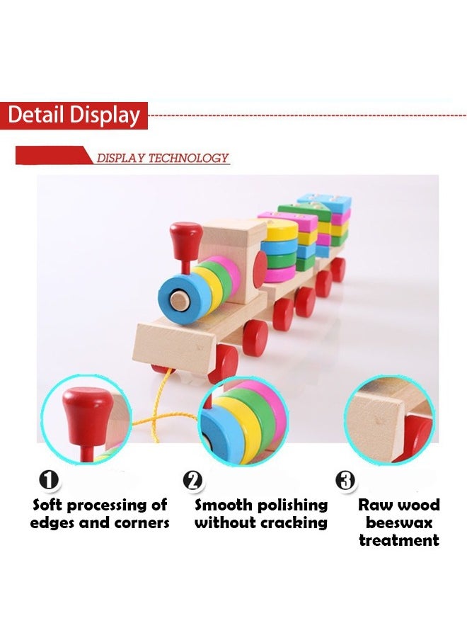 Wooden Geometric Blocks Pull Along Stacking Train Building Set,Wooden Train Set with Colourful Blocks and Rings, Pull Along Toy