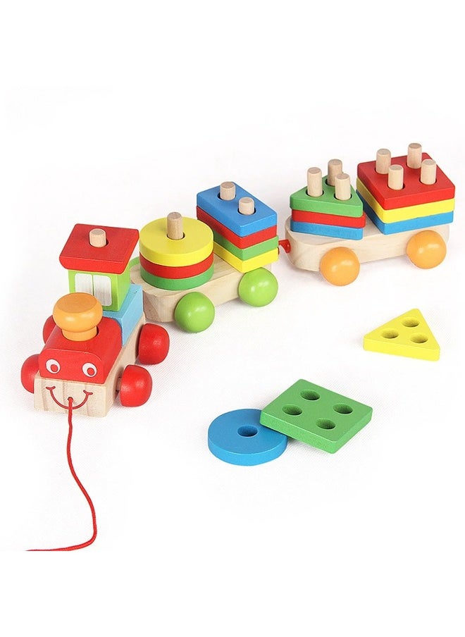 Wooden Geometric Blocks Pull Along Stacking Train Building Set,Wooden Train Set with Colourful Blocks and Rings, Pull Along Toy