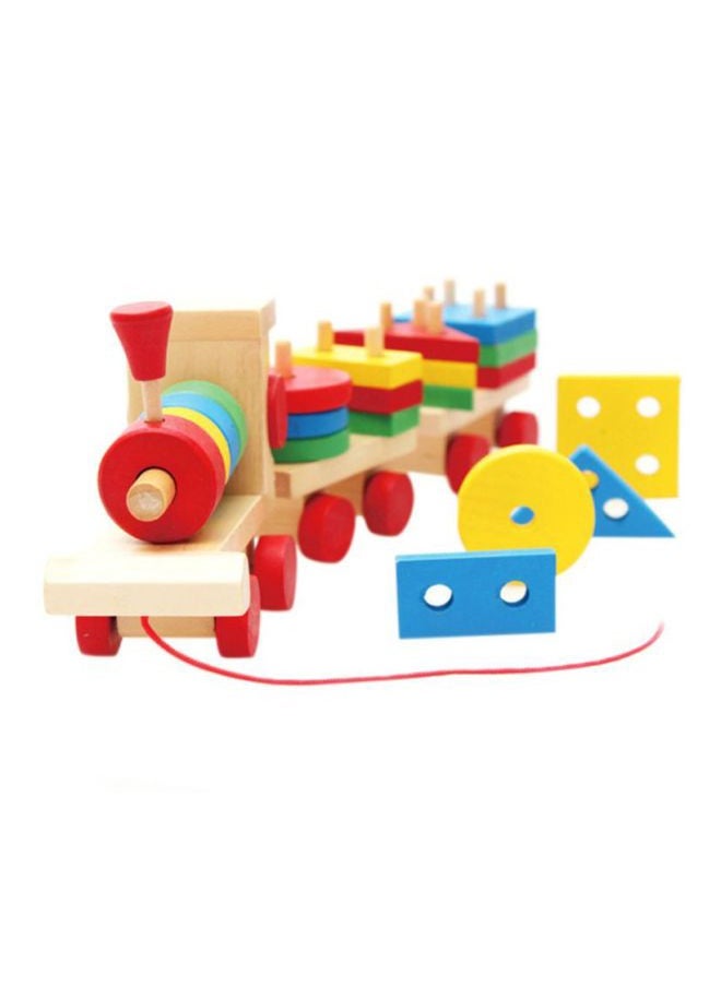 Wooden Geometric Blocks Pull Along Stacking Train Building Set,Wooden Train Set with Colourful Blocks and Rings, Pull Along Toy