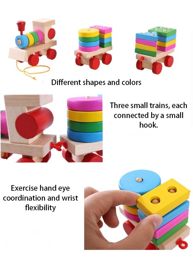 Wooden Geometric Blocks Pull Along Stacking Train Building Set,Wooden Train Set with Colourful Blocks and Rings, Pull Along Toy