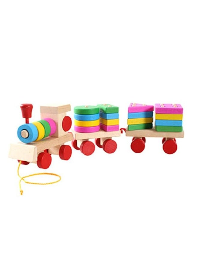Wooden Geometric Blocks Pull Along Stacking Train Building Set,Wooden Train Set with Colourful Blocks and Rings, Pull Along Toy