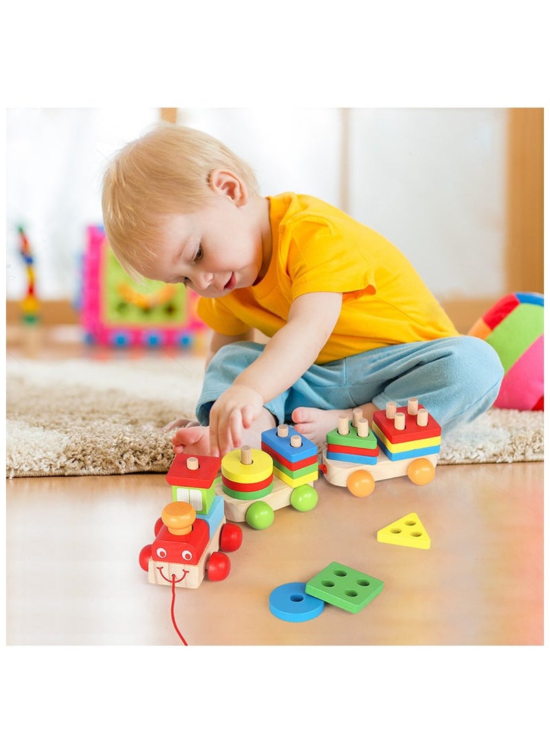 Wooden Geometric Blocks Pull Along Stacking Train Building Set,Wooden Train Set with Colourful Blocks and Rings, Pull Along Toy