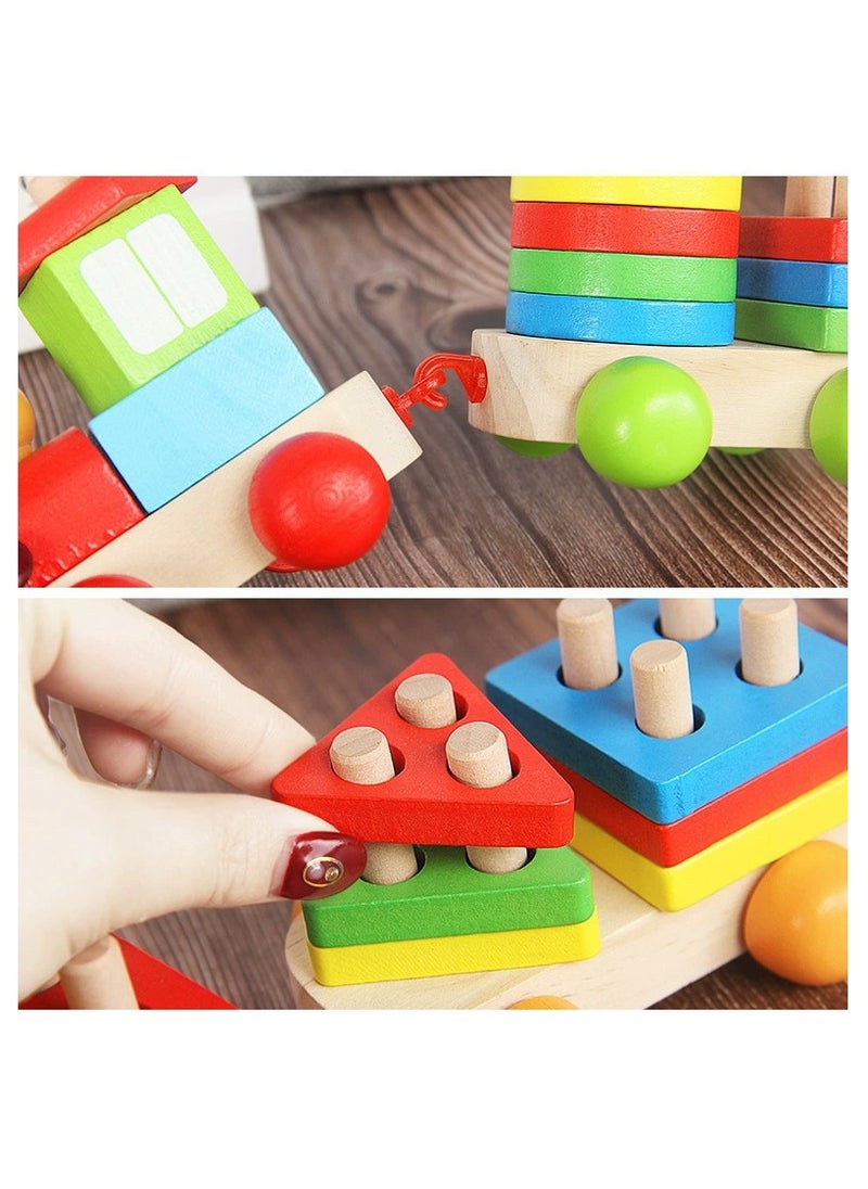 Wooden Geometric Blocks Pull Along Stacking Train Building Set,Wooden Train Set with Colourful Blocks and Rings, Pull Along Toy