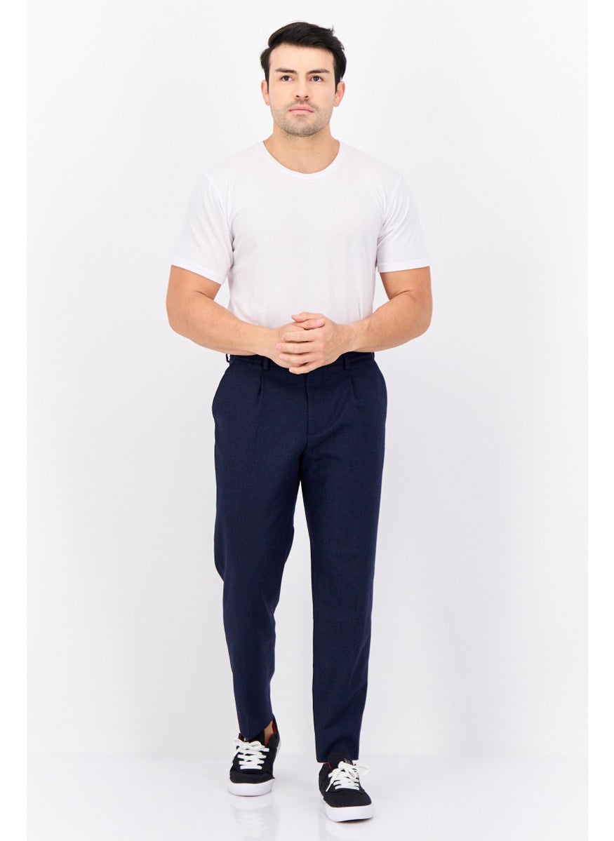 Men Slim Fit Solid Straight Leg Pants, Dark Blue