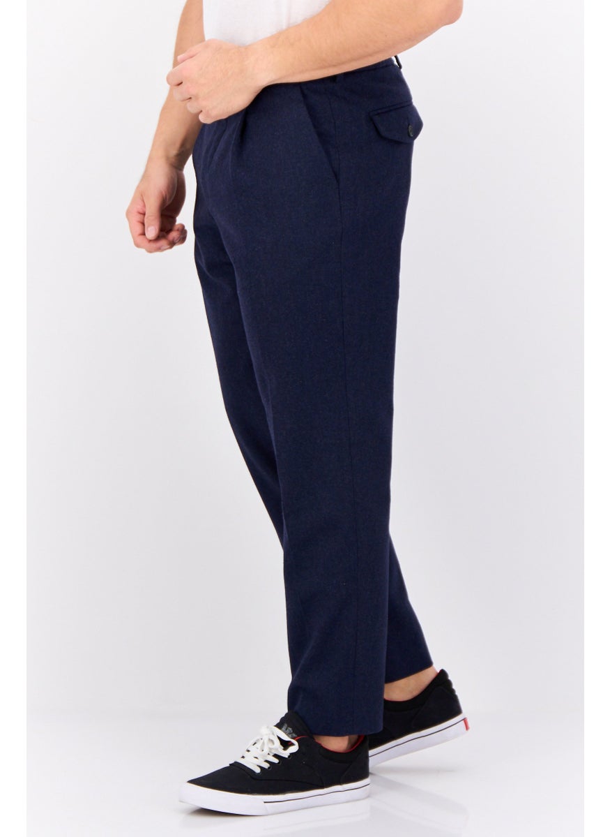 Men Slim Fit Solid Straight Leg Pants, Dark Blue