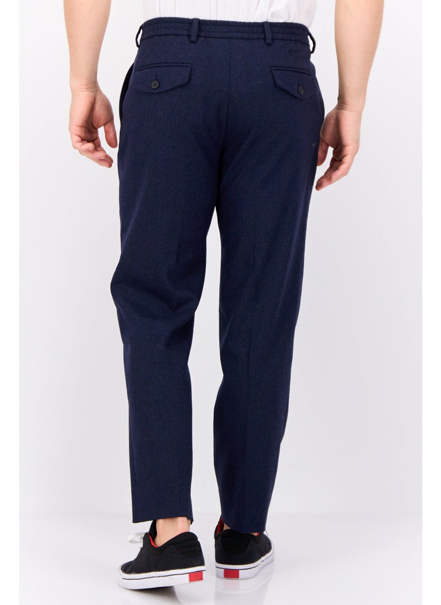 Men Slim Fit Solid Straight Leg Pants, Dark Blue