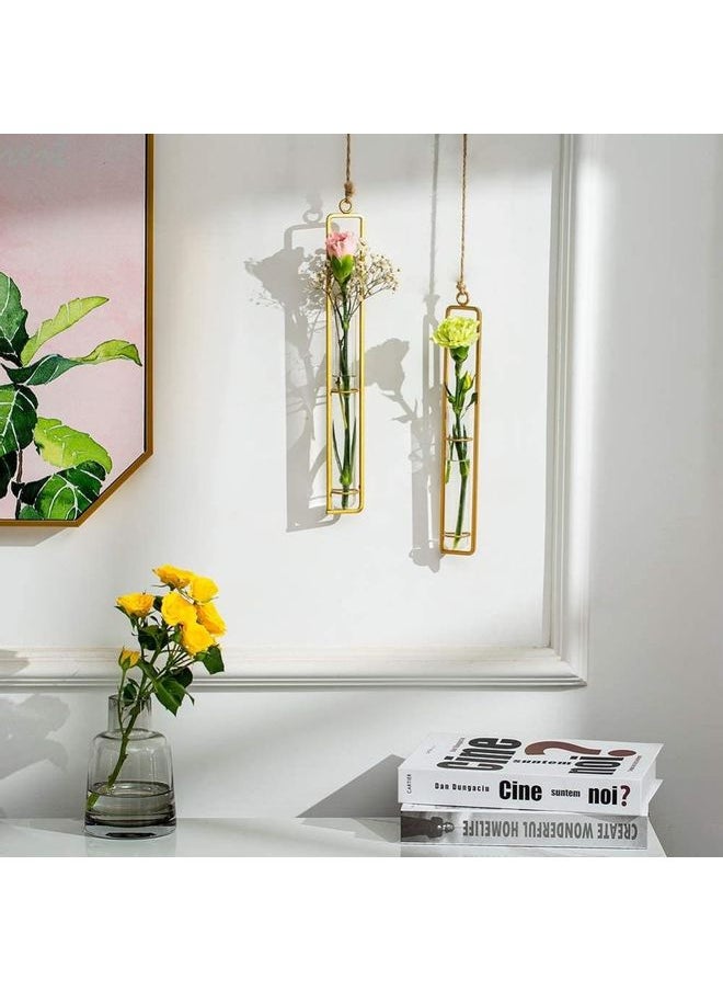 2 Hanging Planter Test Tube Vases With Twine Rope And Hooks Gold/Clear 20 x 4 x 32.5cm