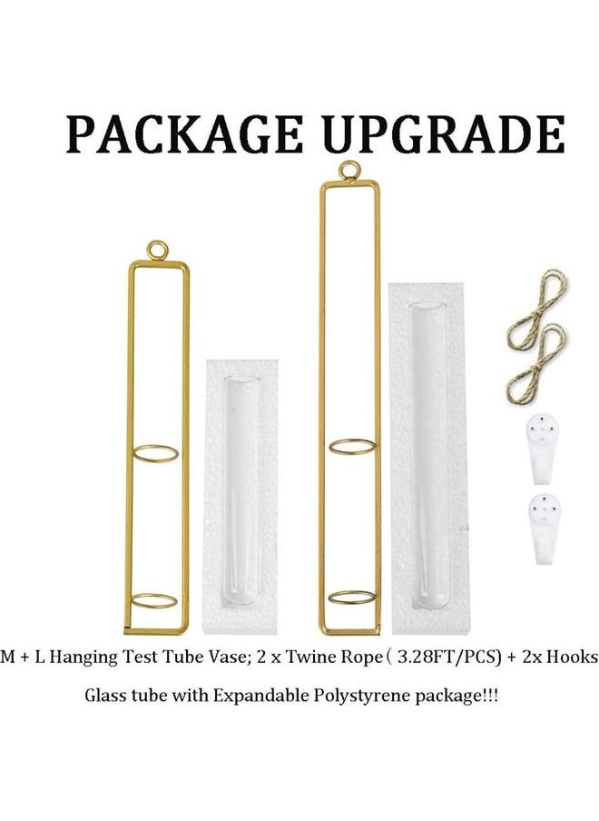 2 Hanging Planter Test Tube Vases With Twine Rope And Hooks Gold/Clear 20 x 4 x 32.5cm