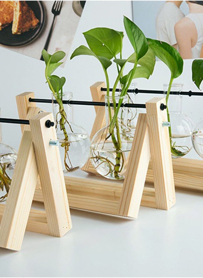 Glass Planter Bulb Vase with Retro Solid Wooden Stand and Metal Swivel Holder Clear/Beige