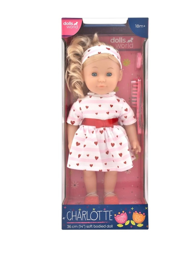 Charlotte 14 inch Soft Doll Sleeping Eyes Outfit and Hair Accessories from Peterkin gift for kids of Age above 18 months