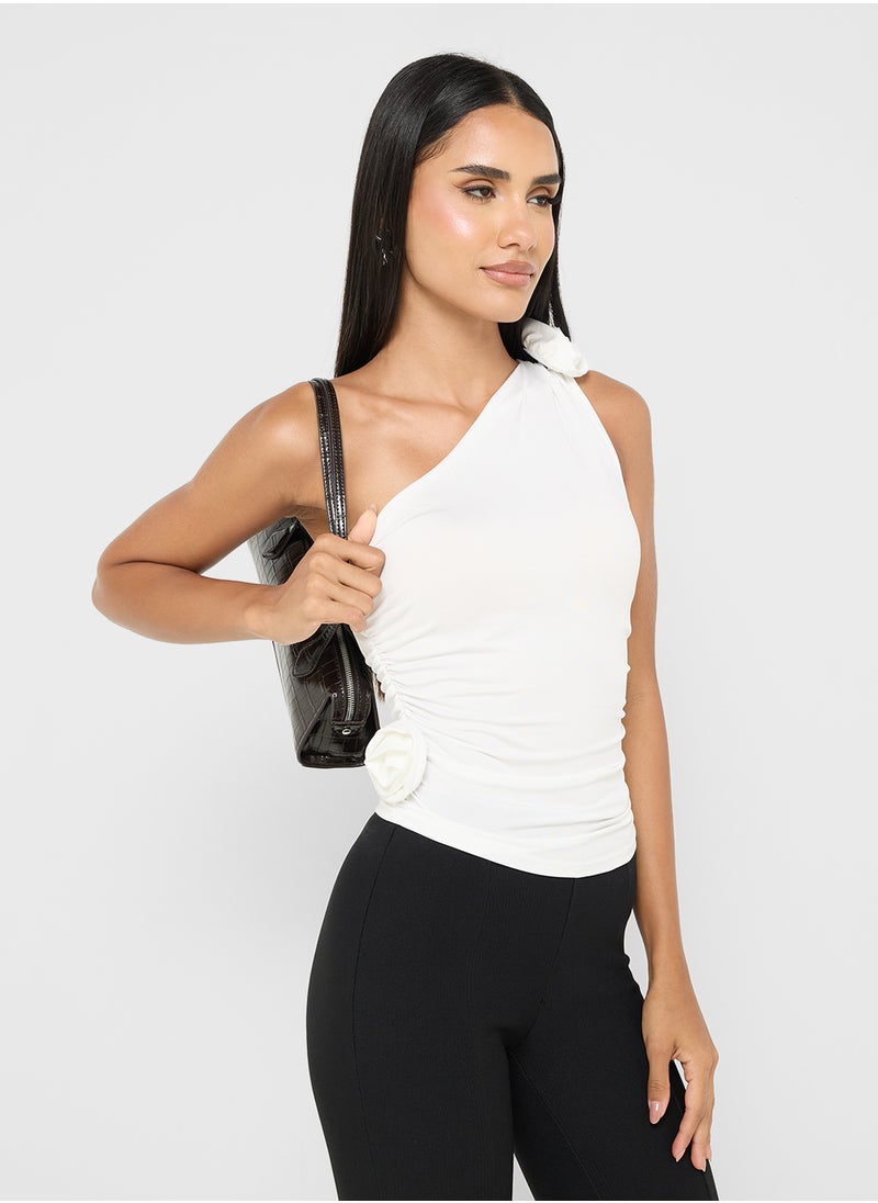 Assymetric Shoulder Ruched Crosage Detail Top