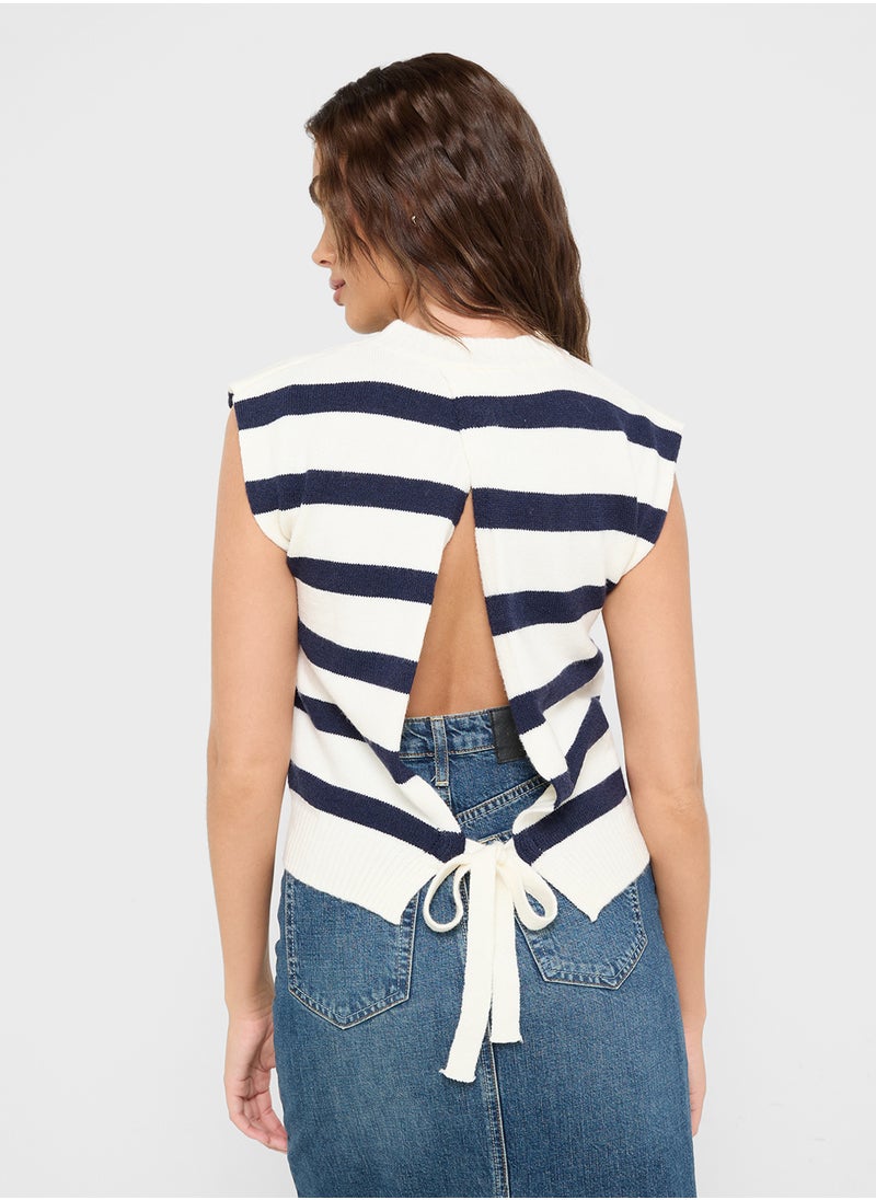 Knitted Stripe Vest With Back Slit