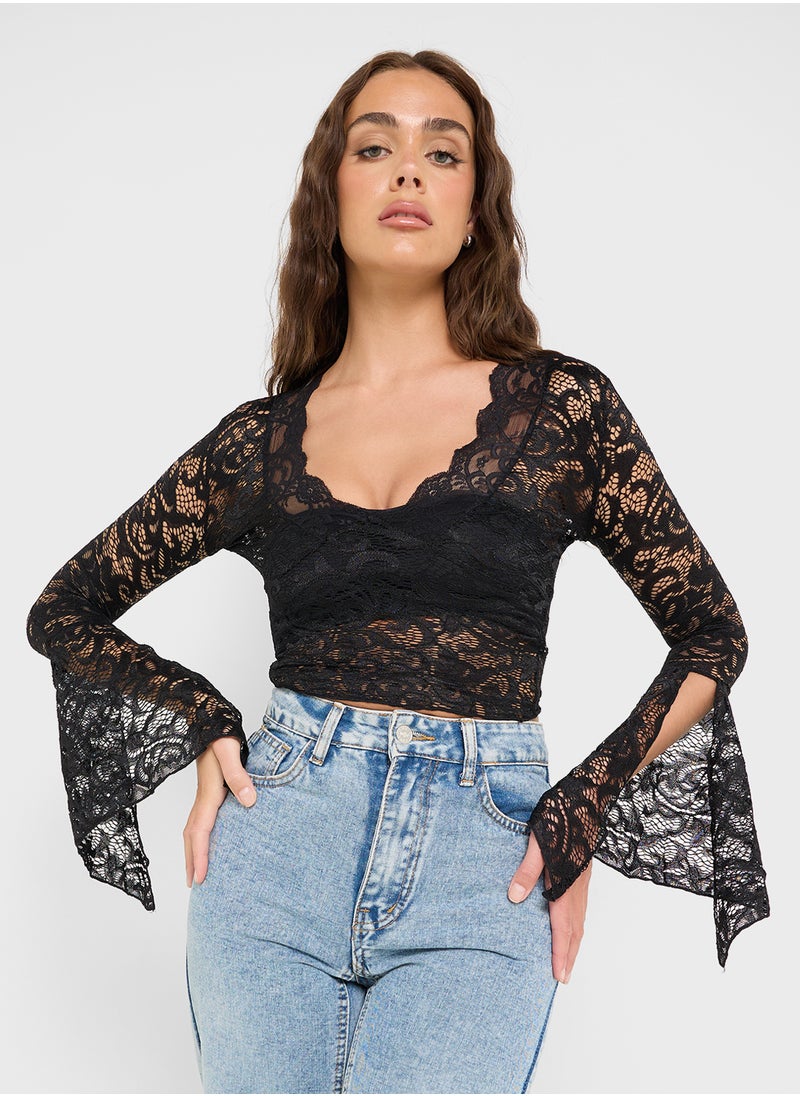 Scallop Lace Detail Fitted Top