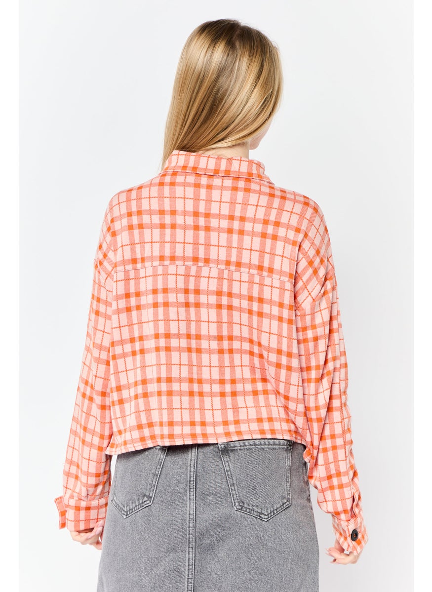 Women Spread Collar Checkered Blouse, Multicolor