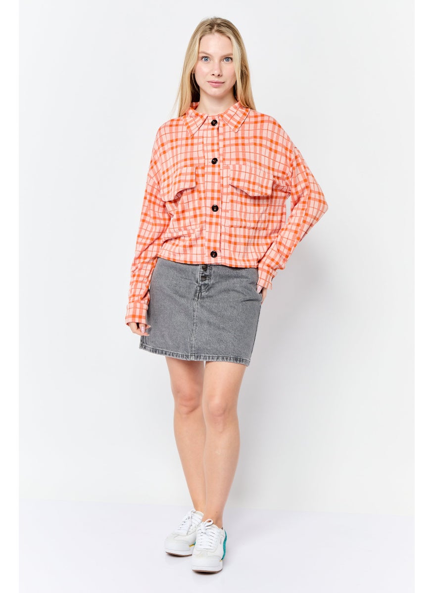 Women Spread Collar Checkered Blouse, Multicolor