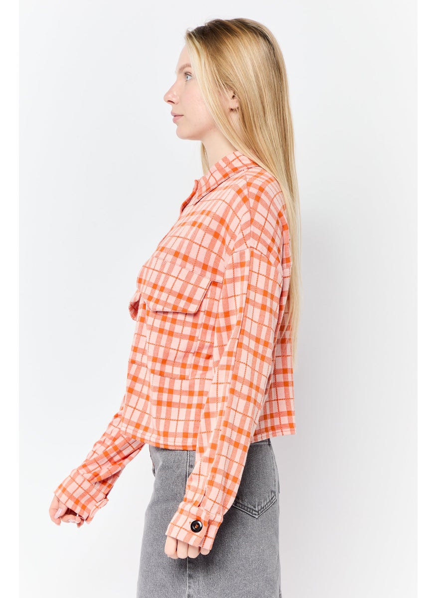 Women Spread Collar Checkered Blouse, Multicolor