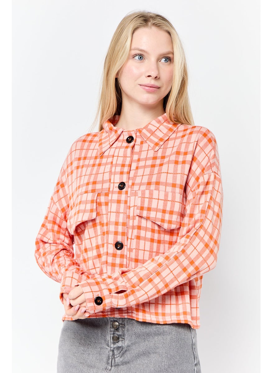 Women Spread Collar Checkered Blouse, Multicolor