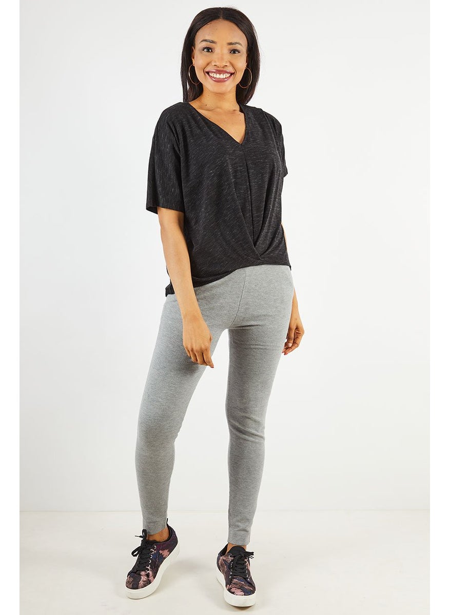 Women V Neck Short Sleeve Heather Top, Black