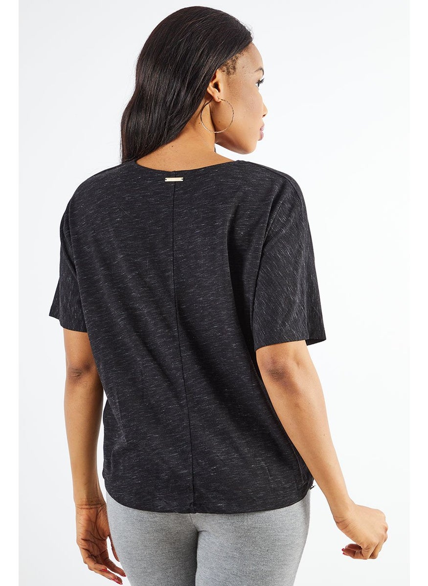 Women V Neck Short Sleeve Heather Top, Black