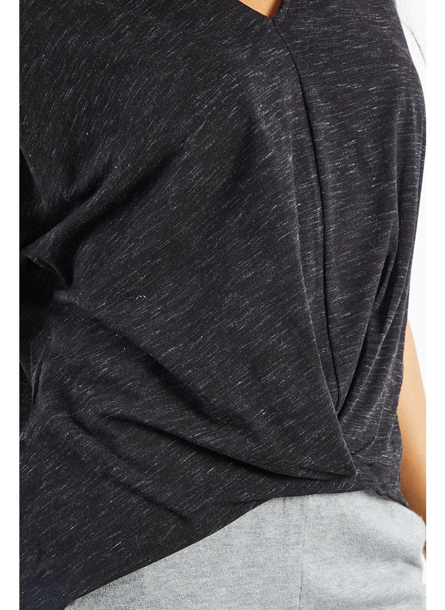Women V Neck Short Sleeve Heather Top, Black