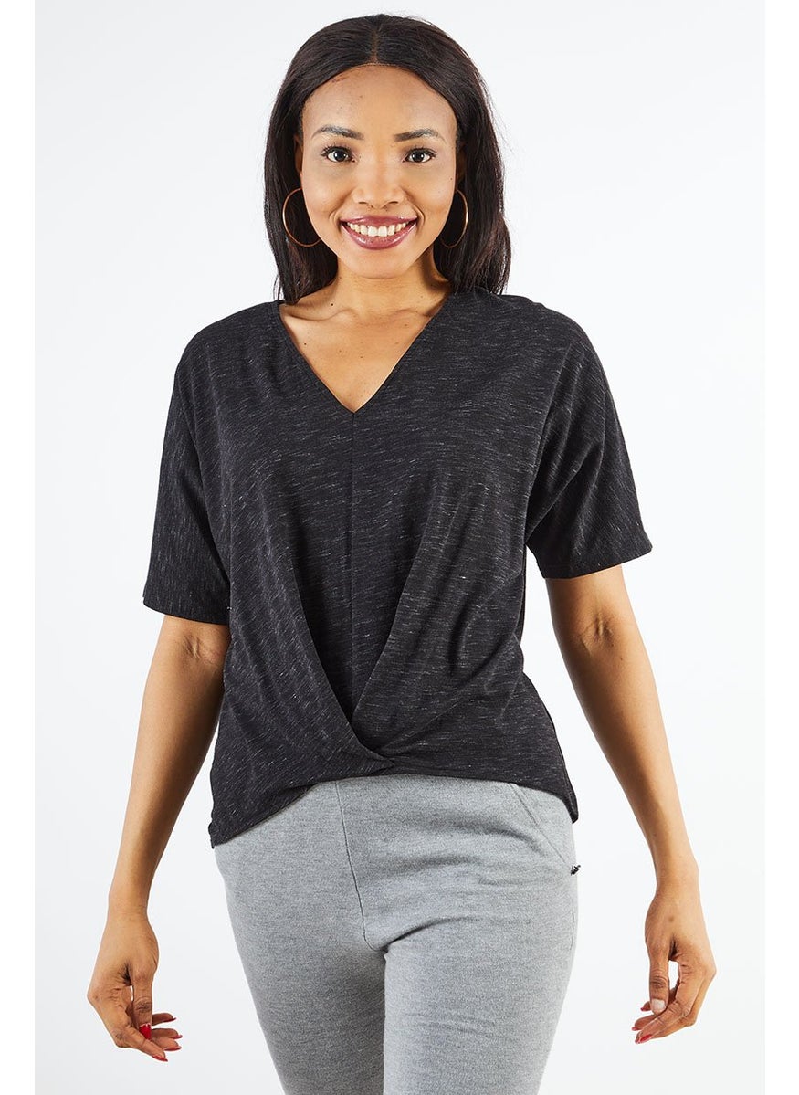 Women V Neck Short Sleeve Heather Top, Black
