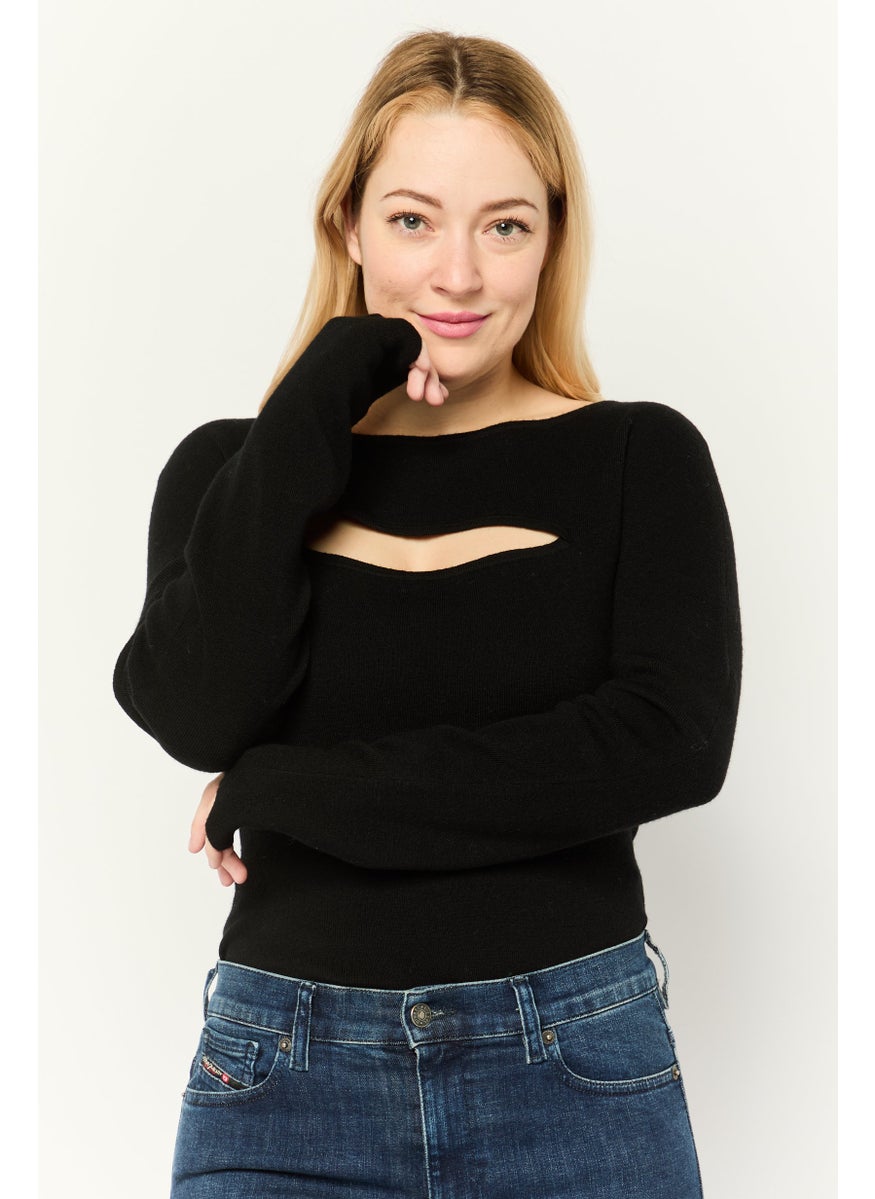 Women Textured Long Sleeve Bodysuit, Black