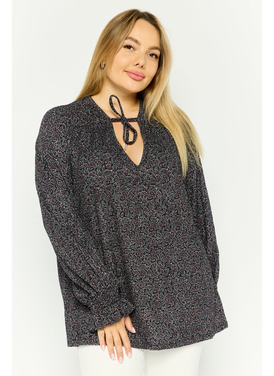 Women Tie Neck Long Sleeve Paisley Blouse, Black/Red