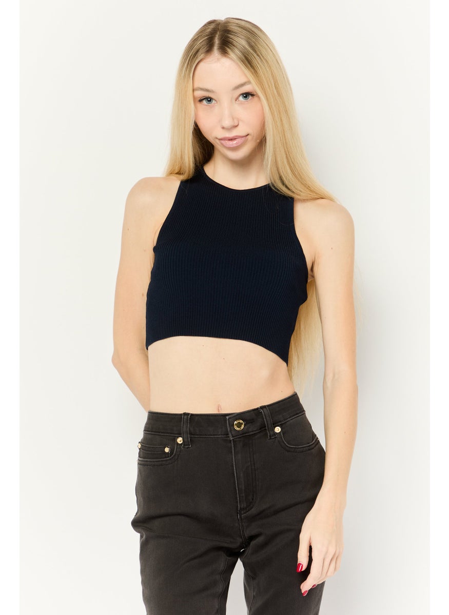 Women Round Neck Sleeveless Textured Tank Top, Navy