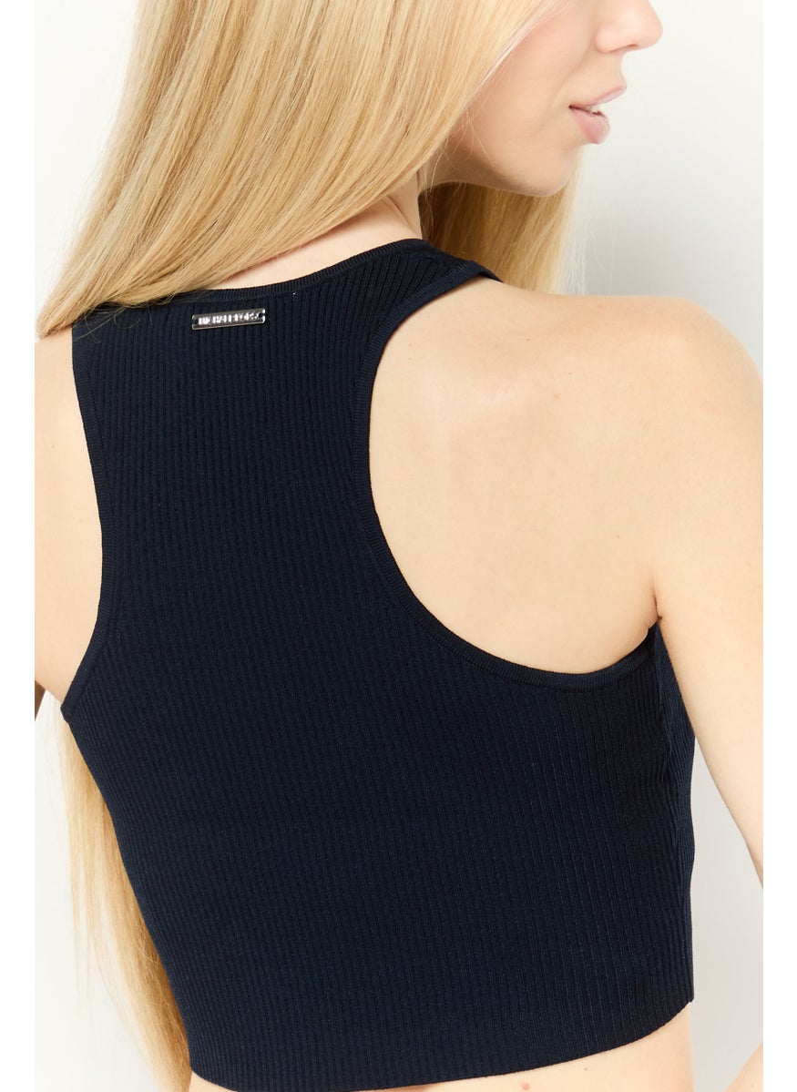 Women Round Neck Sleeveless Textured Tank Top, Navy