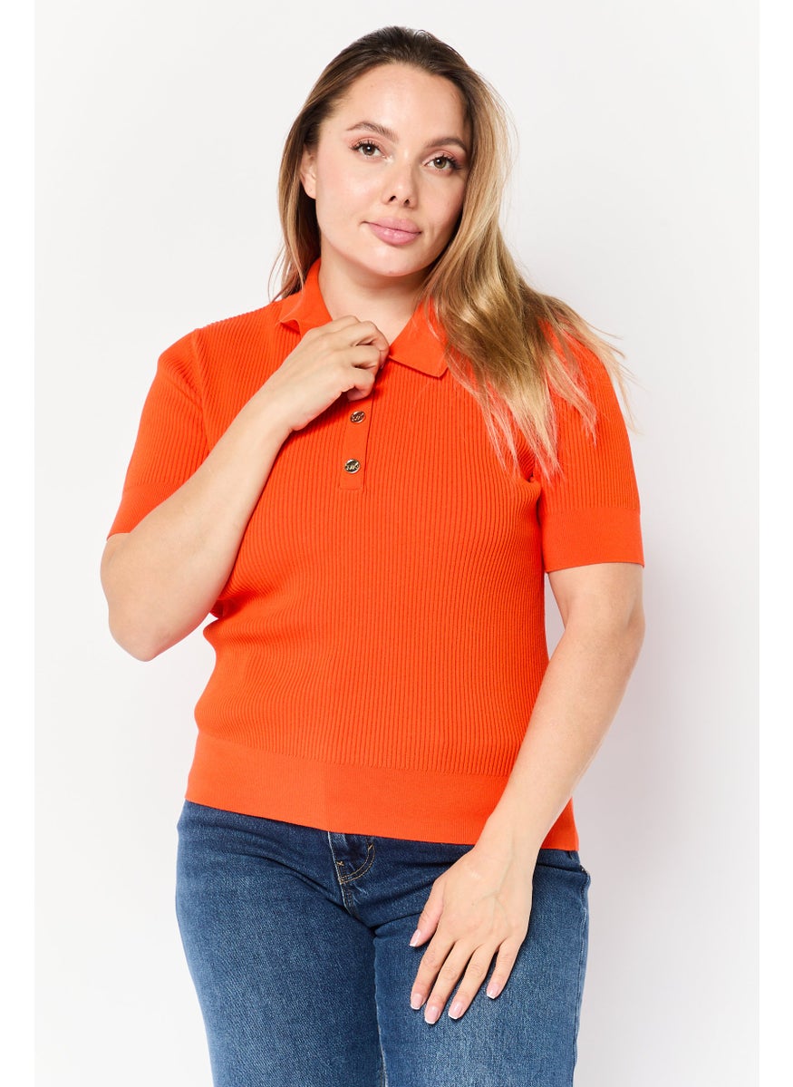 Women Regular Fit Short Sleeve Rib Knit Polo Shirts, Optic Orange