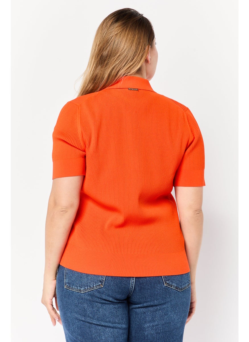 Women Regular Fit Short Sleeve Rib Knit Polo Shirts, Optic Orange