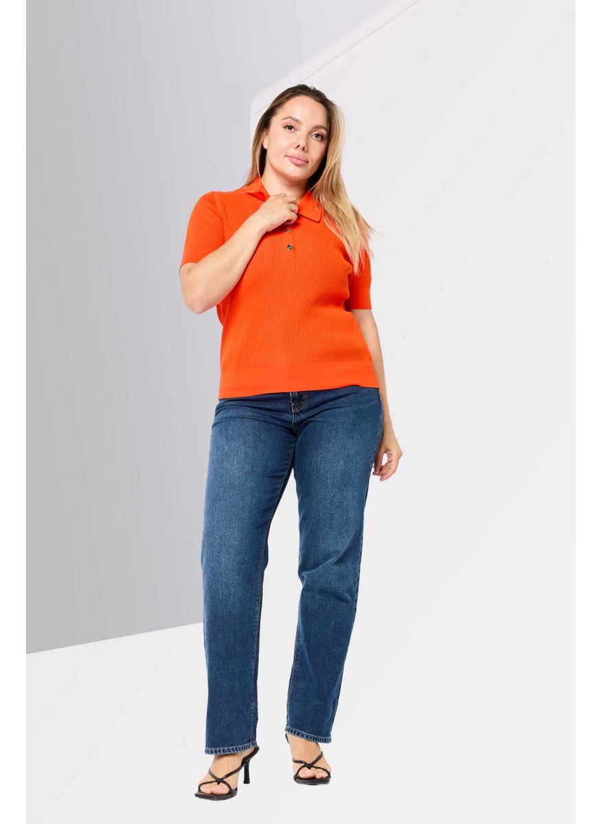 Women Regular Fit Short Sleeve Rib Knit Polo Shirts, Optic Orange