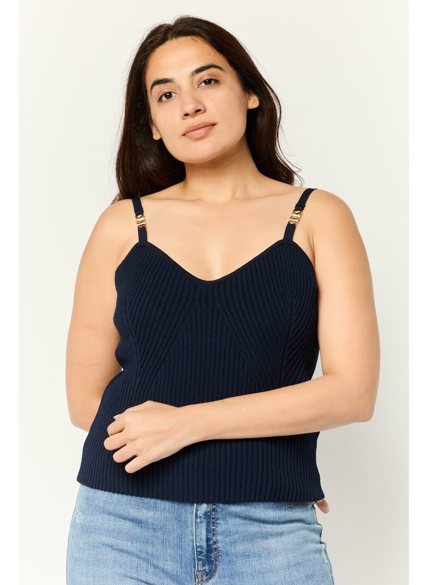 Women Sweetheart Neck Sleeveless Rib Knitted Tops, Midnight Blue
