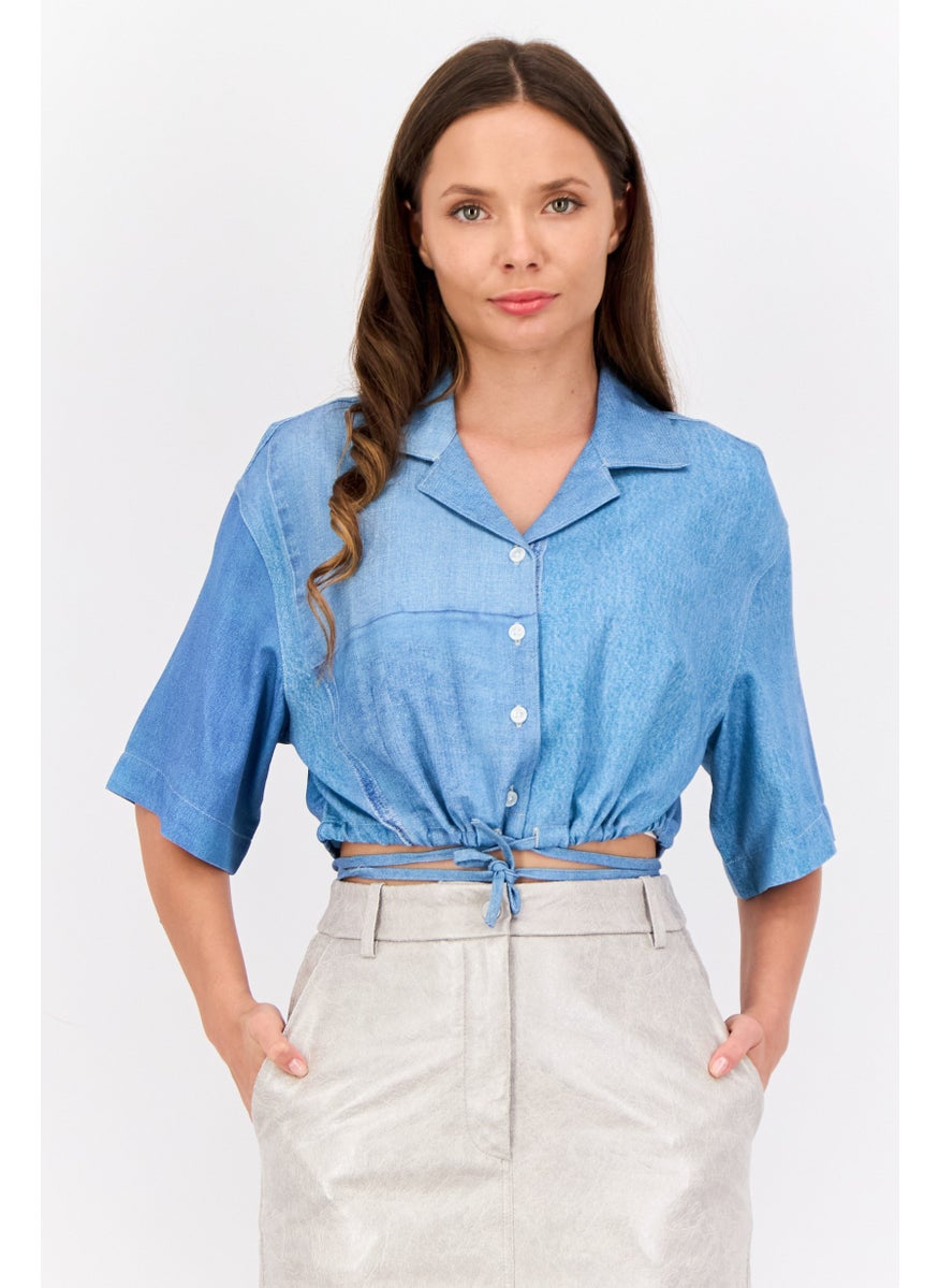 Women Noched Collar Short Sleeve Washed Blouse, Blue