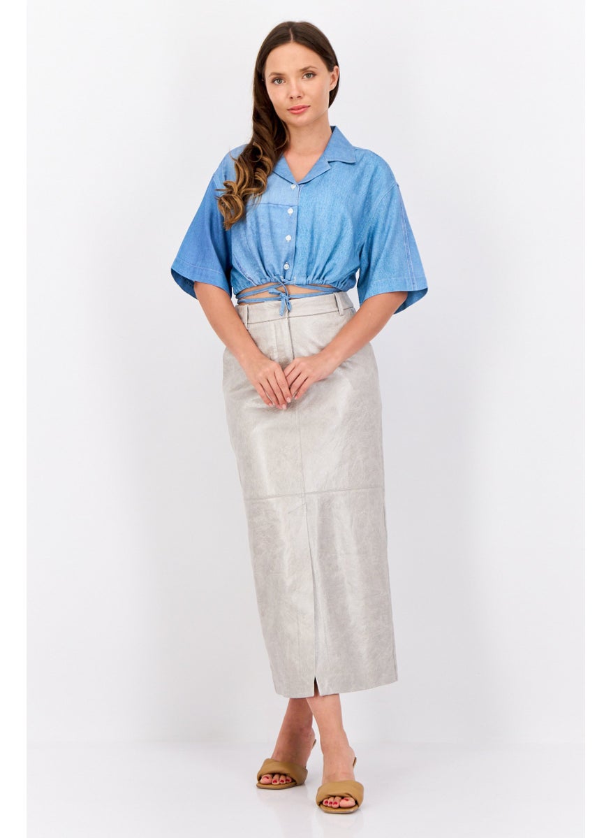 Women Noched Collar Short Sleeve Washed Blouse, Blue