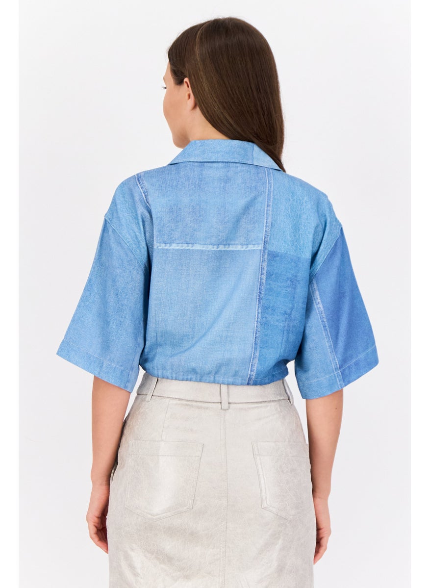 Women Noched Collar Short Sleeve Washed Blouse, Blue