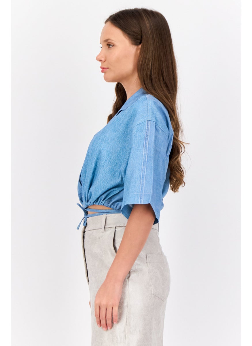 Women Noched Collar Short Sleeve Washed Blouse, Blue