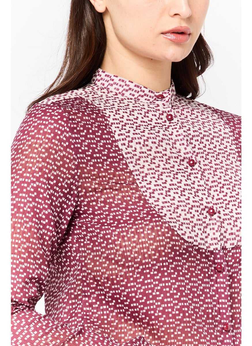 Women Band Collar All Over Print Blouse, Multicolor