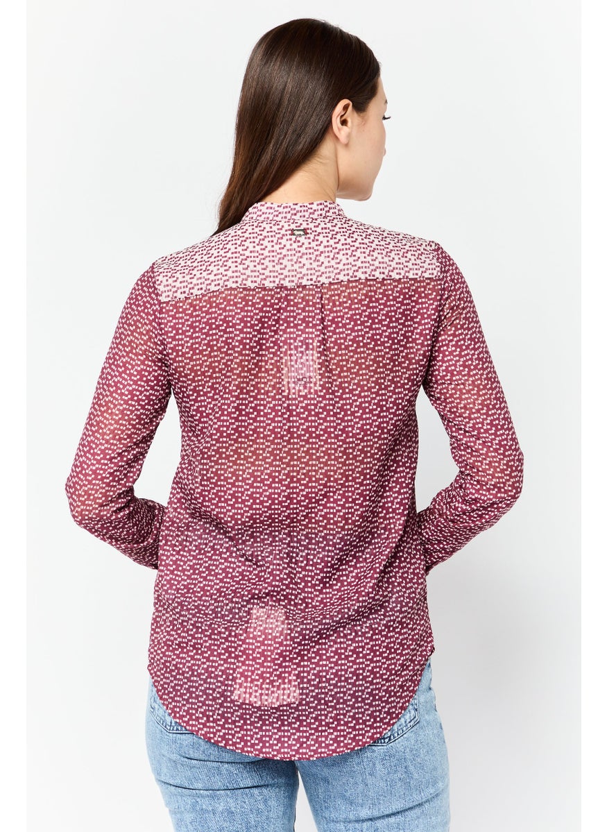 Women Band Collar All Over Print Blouse, Multicolor