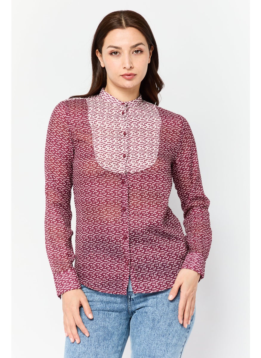 Women Band Collar All Over Print Blouse, Multicolor