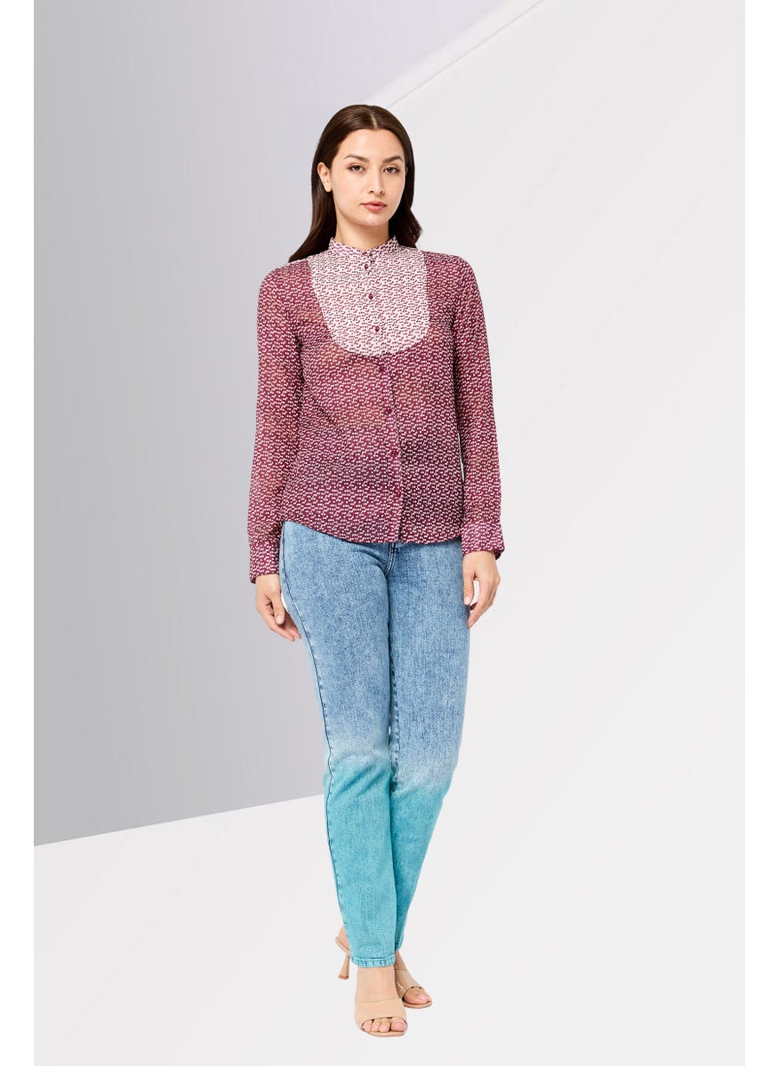 Women Band Collar All Over Print Blouse, Multicolor