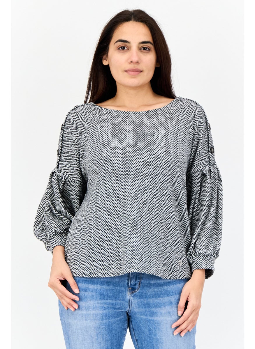 Women Boat Neck Long Sleeves Chevron Blouse, Grey