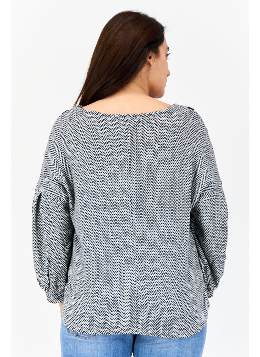 Women Boat Neck Long Sleeves Chevron Blouse, Grey