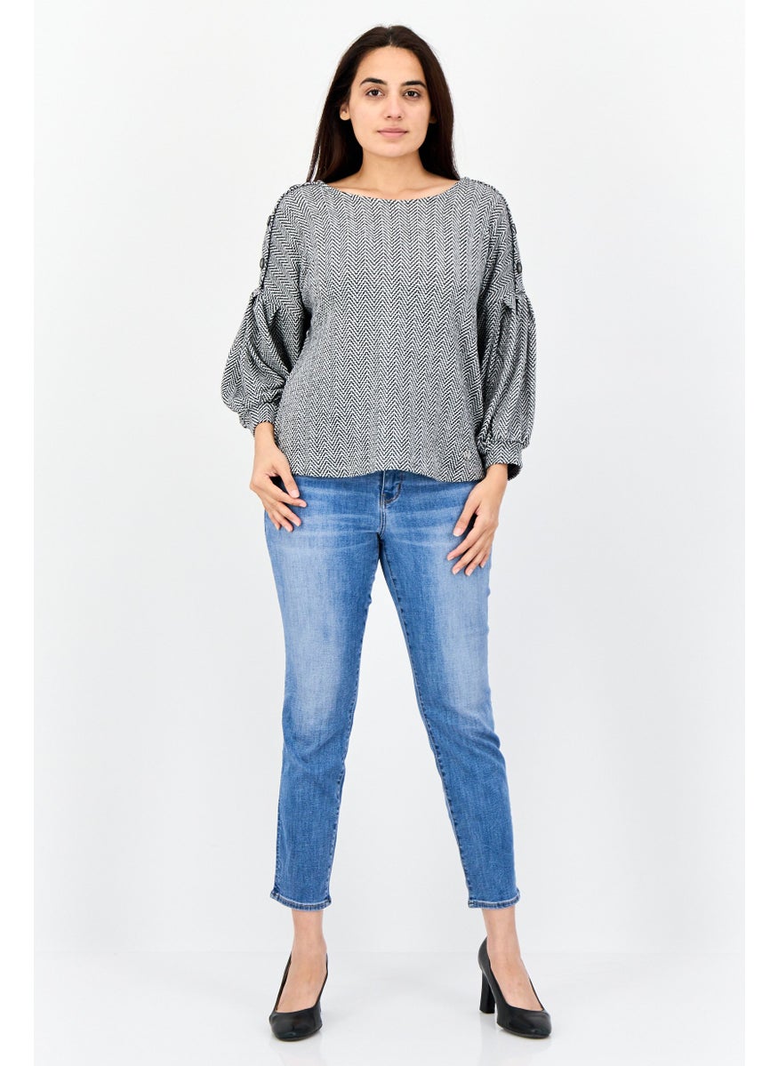Women Boat Neck Long Sleeves Chevron Blouse, Grey