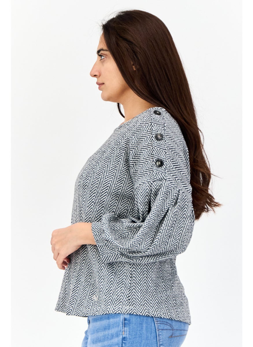 Women Boat Neck Long Sleeves Chevron Blouse, Grey