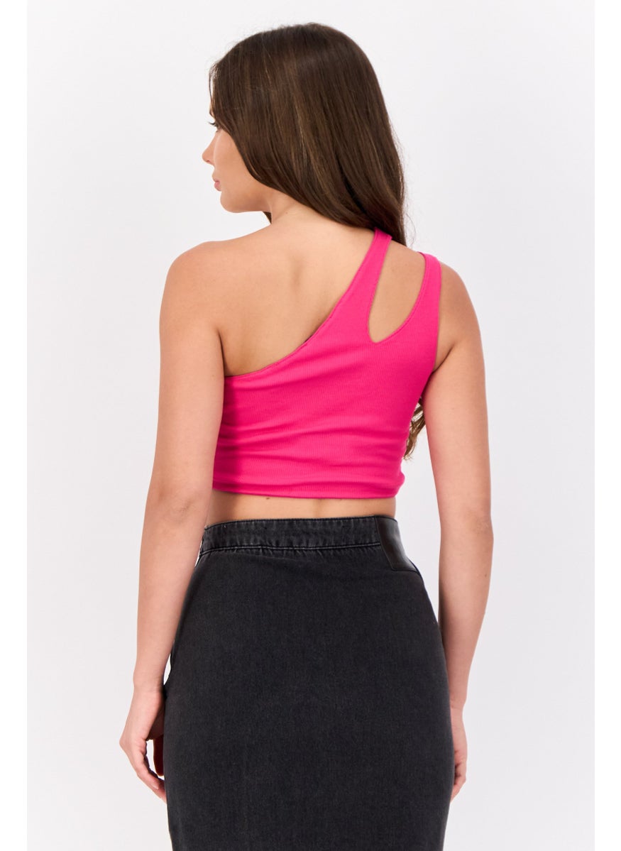 Women One Shoulder Ribbed Cropped Tops, Dark Pink