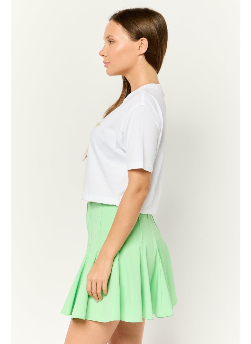 Women Round Neck Short Sleeves Embroidered Logo Crop Top, White